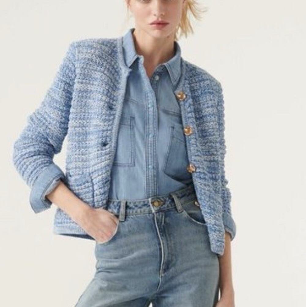 ba&sh Womens Guspa Cardigan Textured Knit Jacket Blue Size 1 US 4